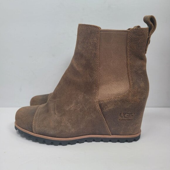 UGG Pax Waterproof Chipmunk Brown Leather Wedge Ankle Boots 1095136 US Size 8.5 - Picture 2 of 11